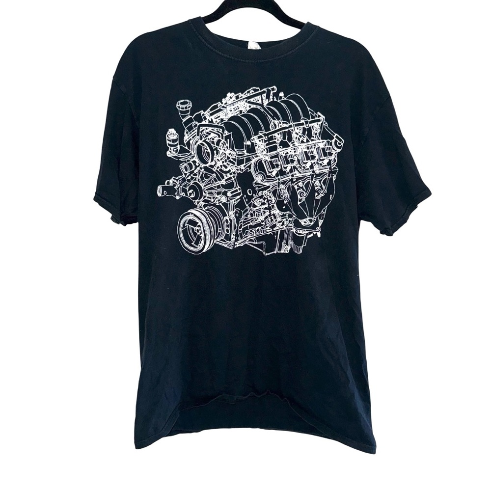 Black Chevy LS V8 Engine Blueprint Graphic T-Shirt – Size XL